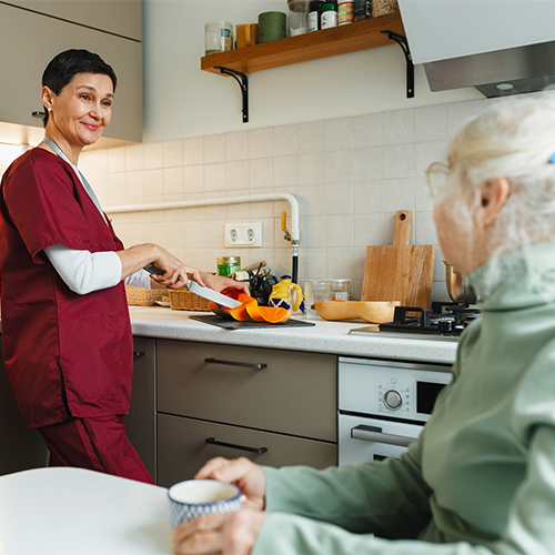 Female home care aide preparing meal in kitchen for senior woman